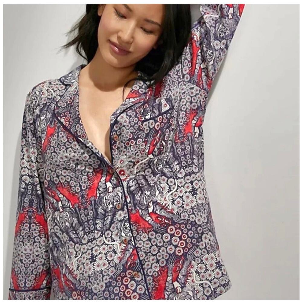 Anthropologie Florence Balducci Menagerie Pajama Top Tiger Print Flannel Sz XL